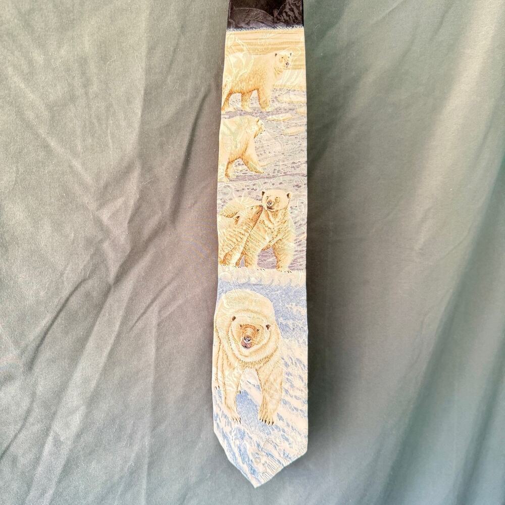Vintage 1990s Marc Dennis Silk Necktie Polar Bears Arctic Tundra Animal Art